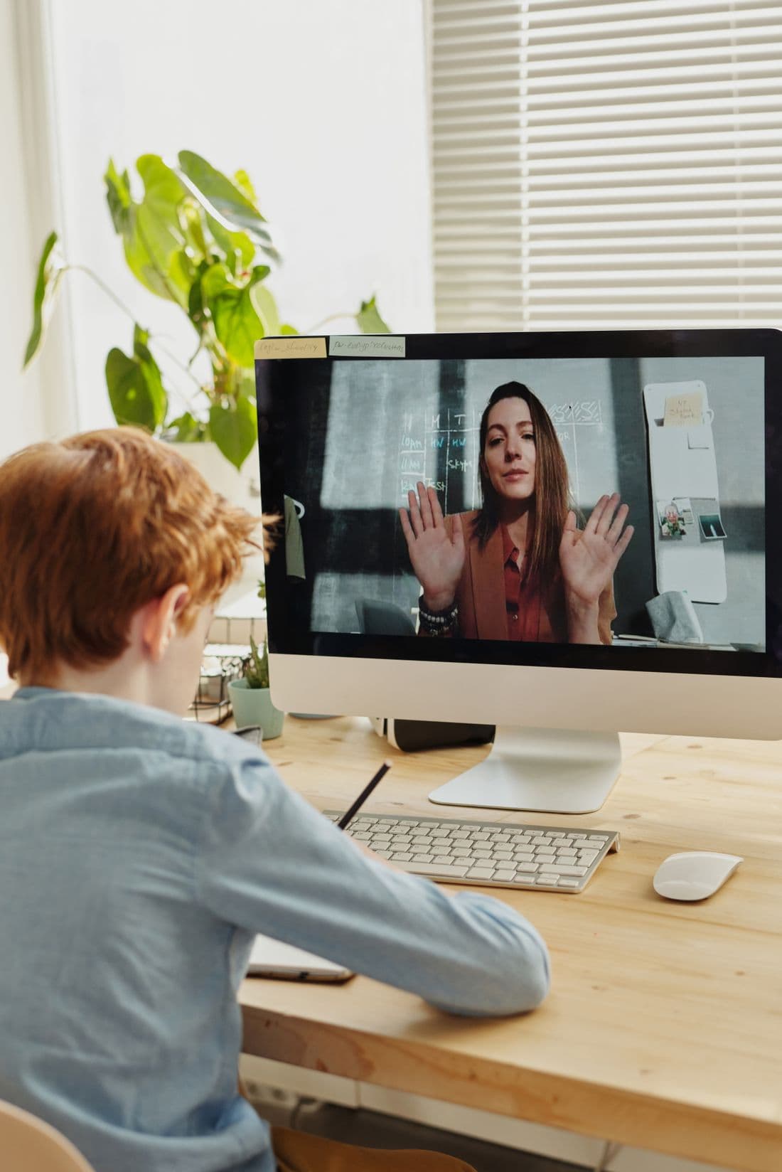 A primary-aged child in an online lesson, their tutor talking on the screen